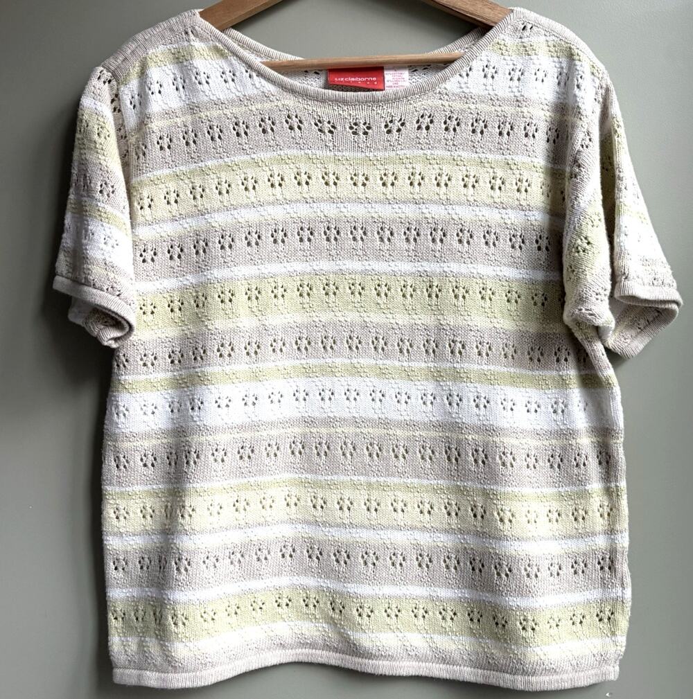 Liz Claiborne Pointelle Knit Cotton Linen Short Sleeve Sweater Neutral Stripe L